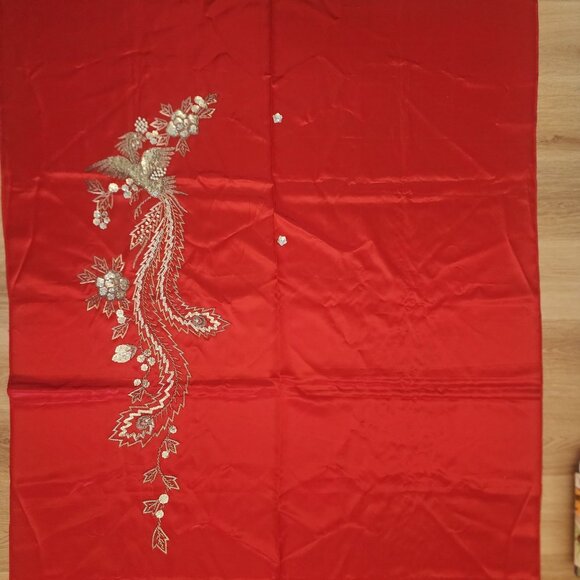 Hand Beaded Floral Bird of Paradise Red Satin Fabric for Wall Hanging or Garment - Picture 3 of 9